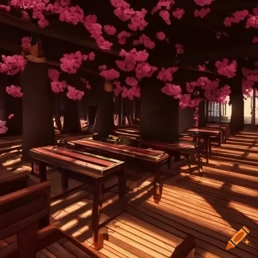 sakura tree themed cafe with pink and wooden decor