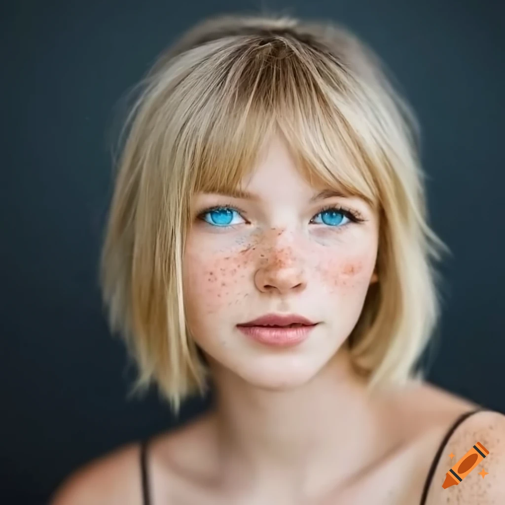 Portrait of a girl with freckles and blue eyes on Craiyon