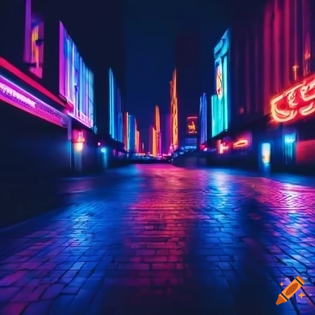 vintage neon lights in a downtown city at night