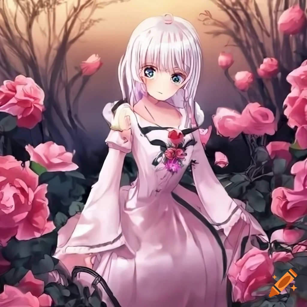 anime noble girl drinking tea in a rose garden