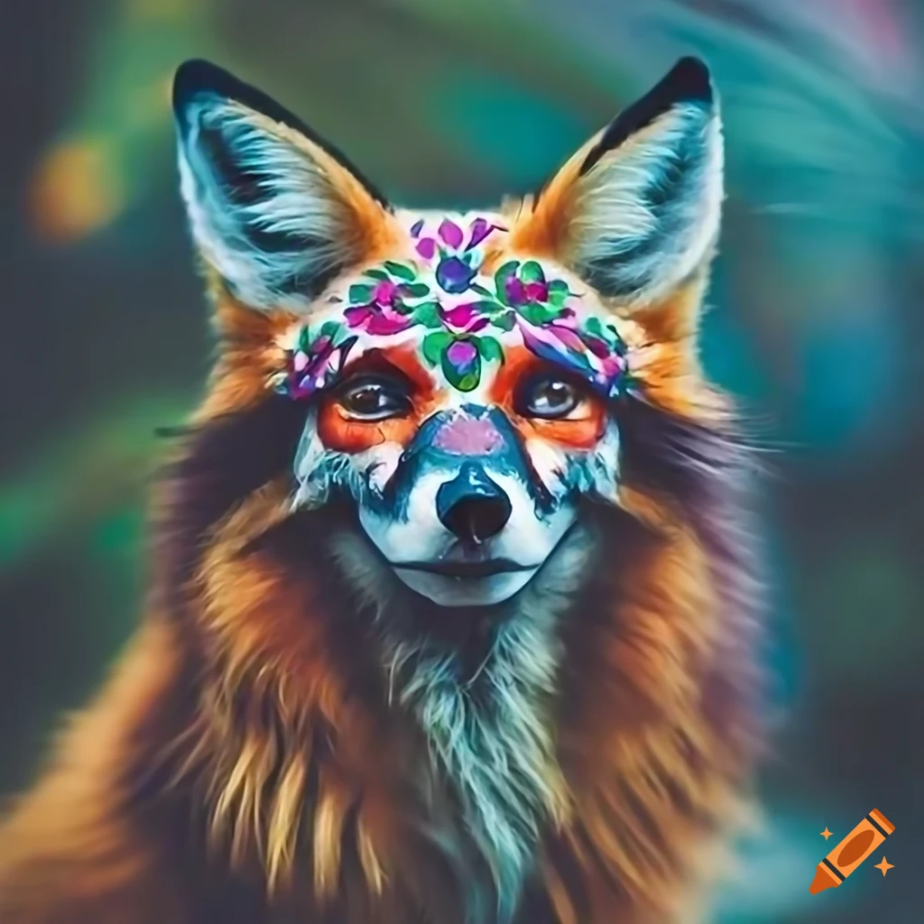 artistic photo of a fox with Mexican sugar skull face