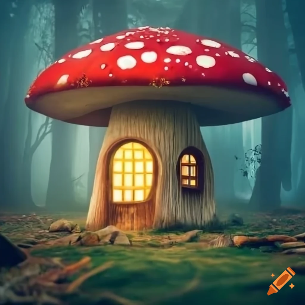 misty forest with a glowing mushroom house