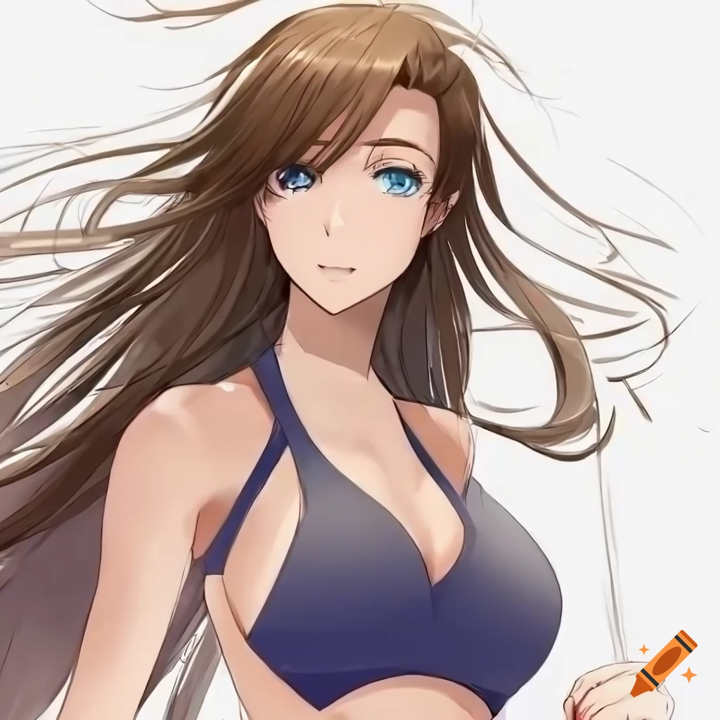 manga illustration of a athletic woman with long legs and blue eyes