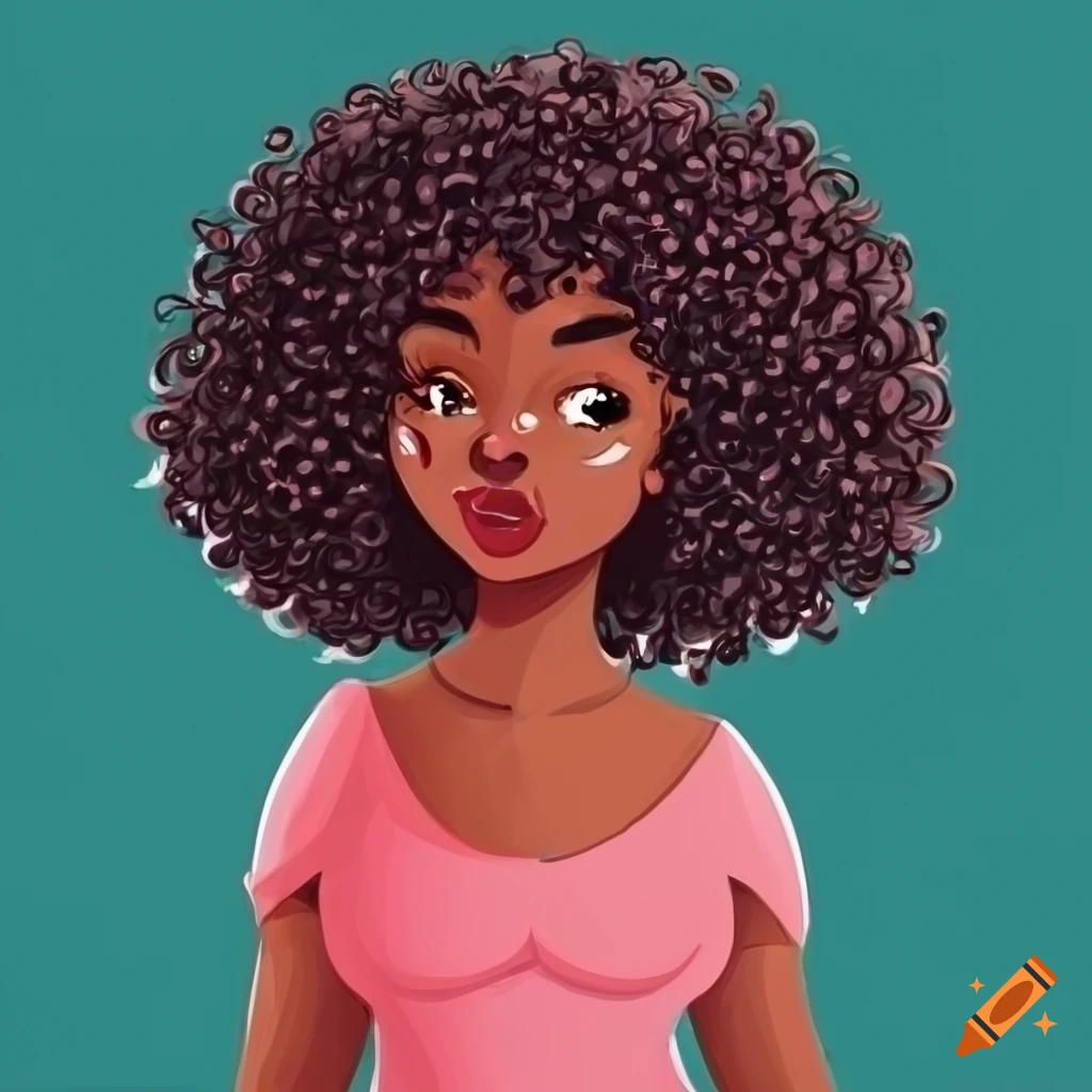 Cartoon illustration of a black woman with curly hair on Craiyon