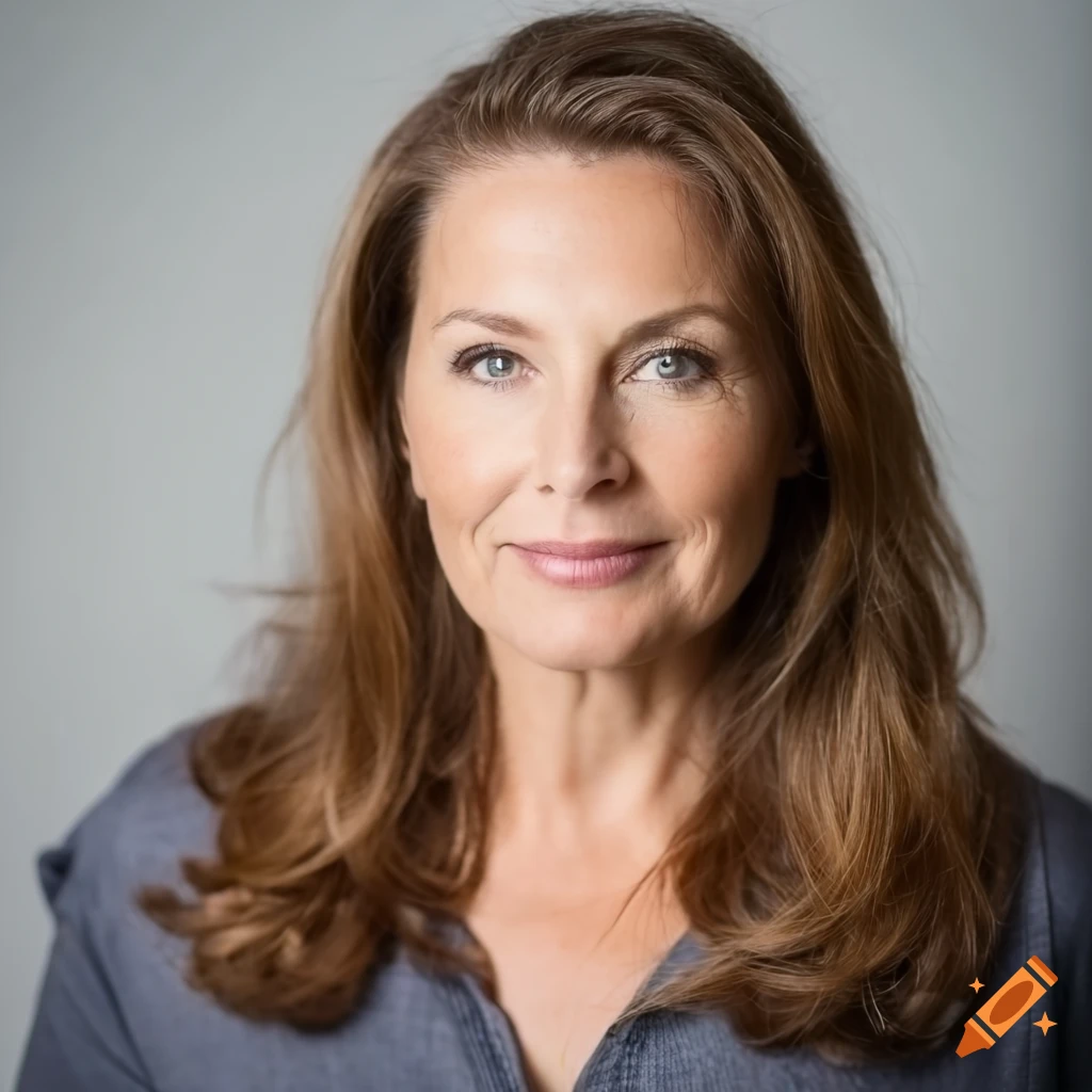 portrait of a serious 50-year-old woman with brown hair and blue eyes