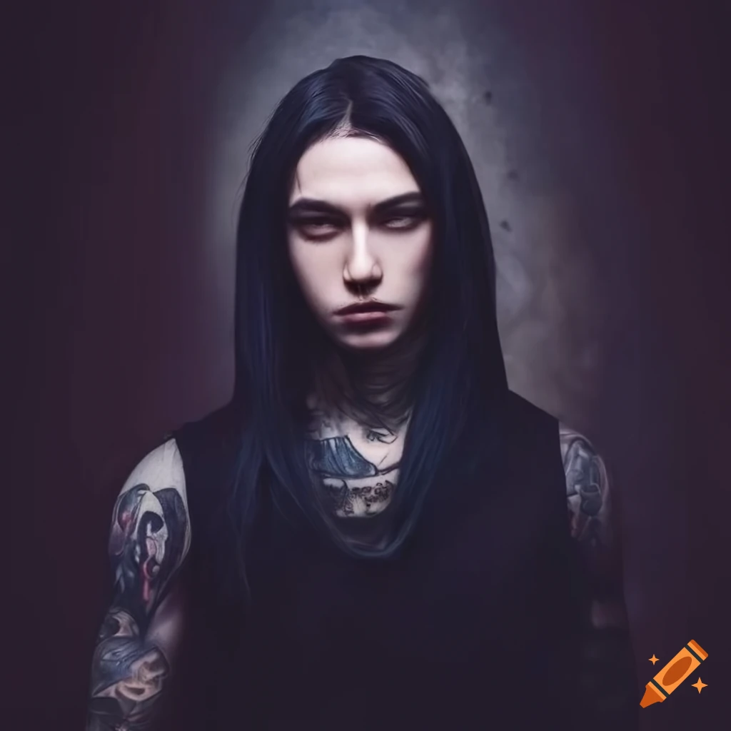 portrait of a young man with long black hair and piercing blue eyes