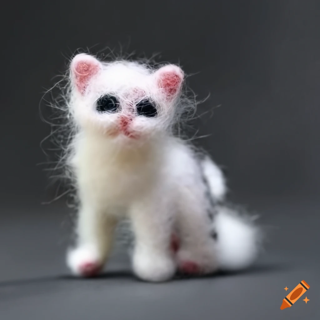 needle felted kitten with black spot eyes and paws