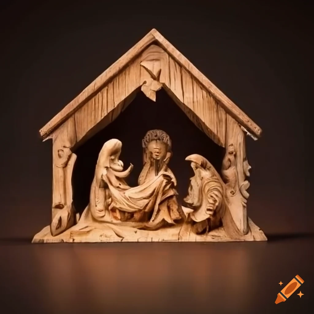 intricate wood carving of a manger scene