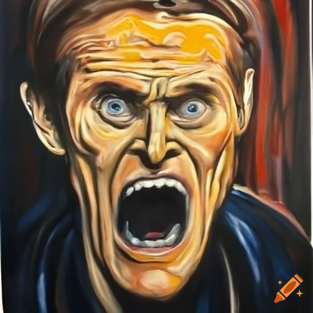 Willem dafoe inspired painting of a screaming face on Craiyon