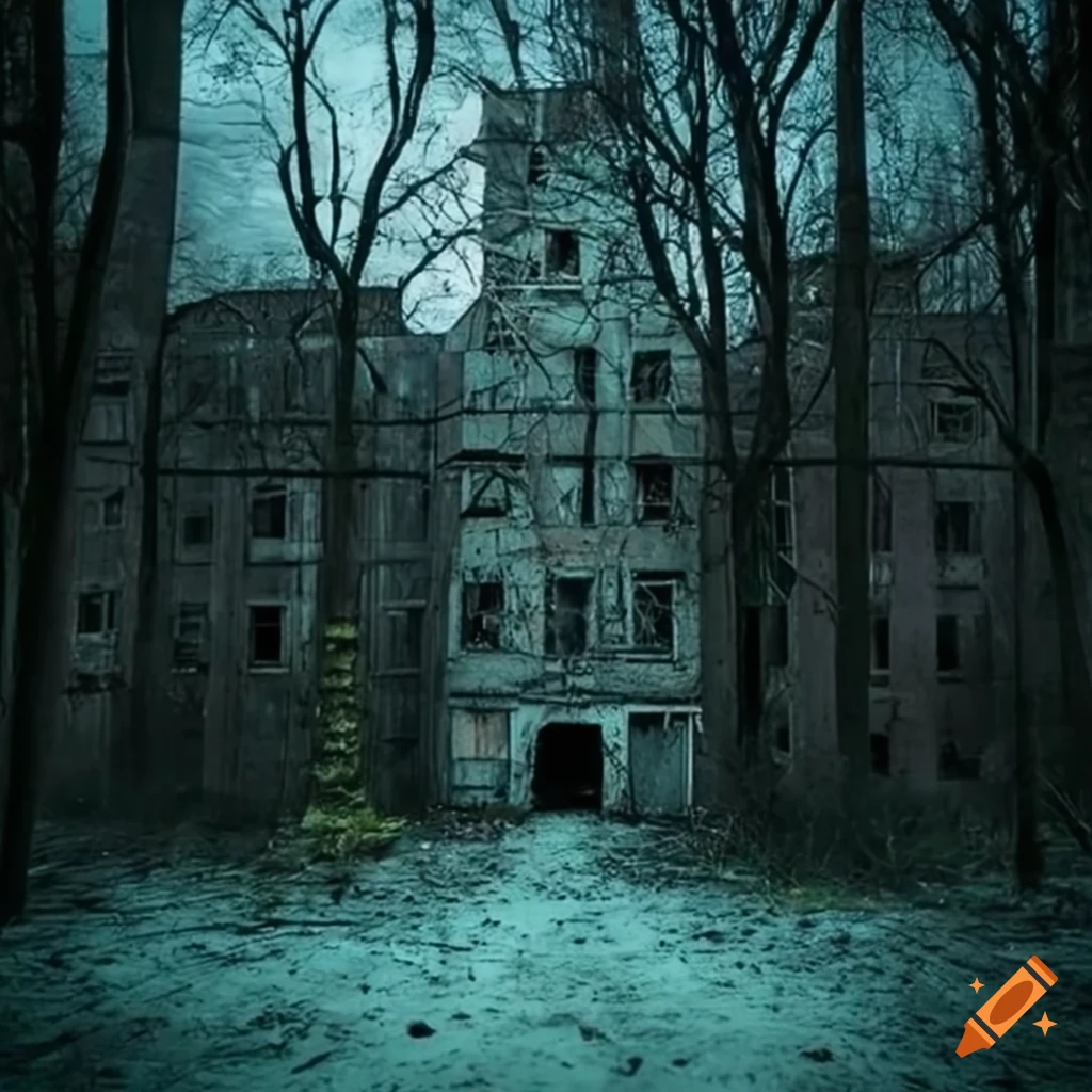 Abandoned In The Middle Of Clinical Trials Picture of an abandoned hospital in the woods on Craiyon