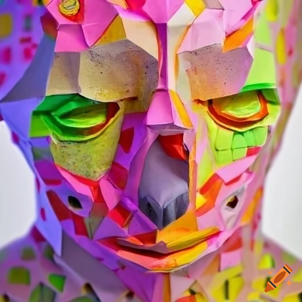 sculpture of colorful origami figures made of recycled paper
