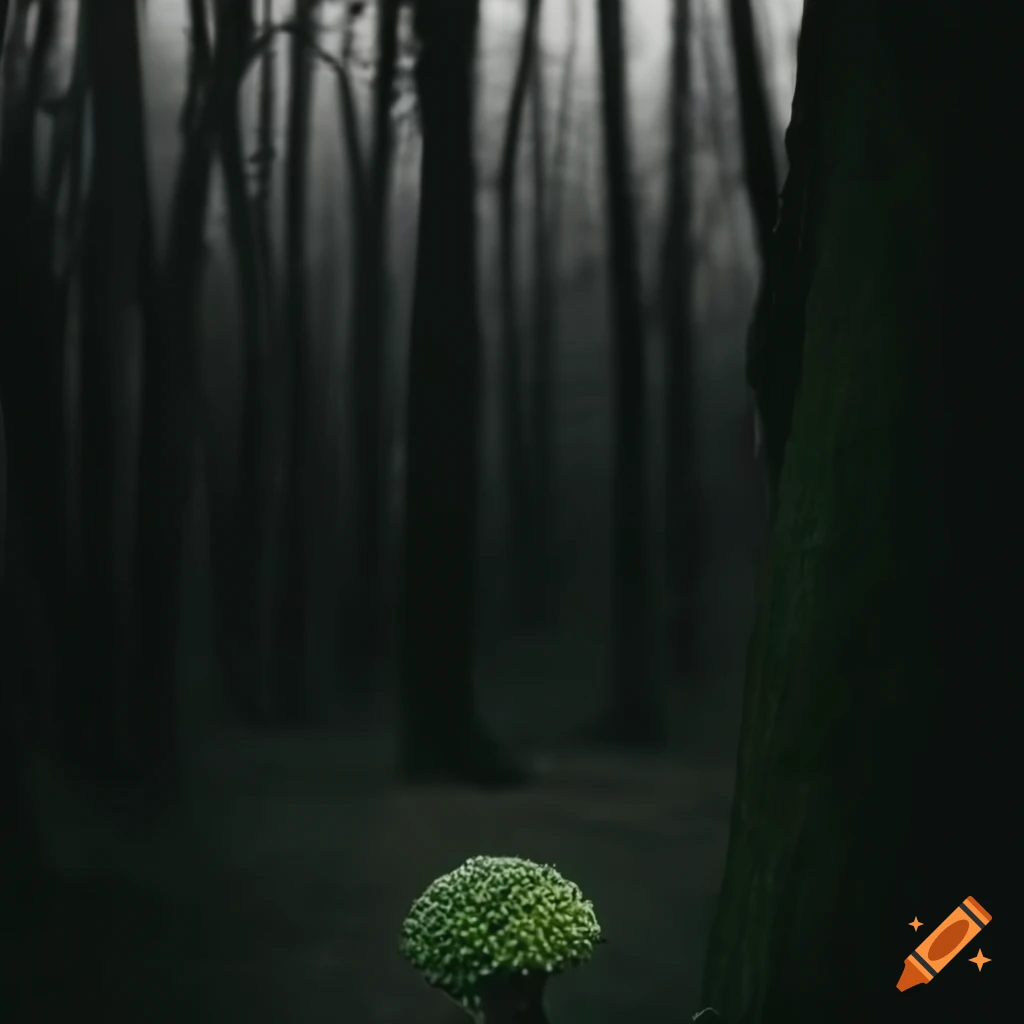image of a dark aesthetic woods with broccoli as trees