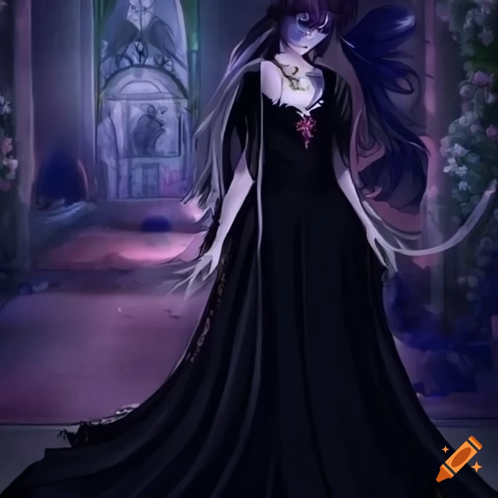 anime queen in black rose-filled gown in rose garden