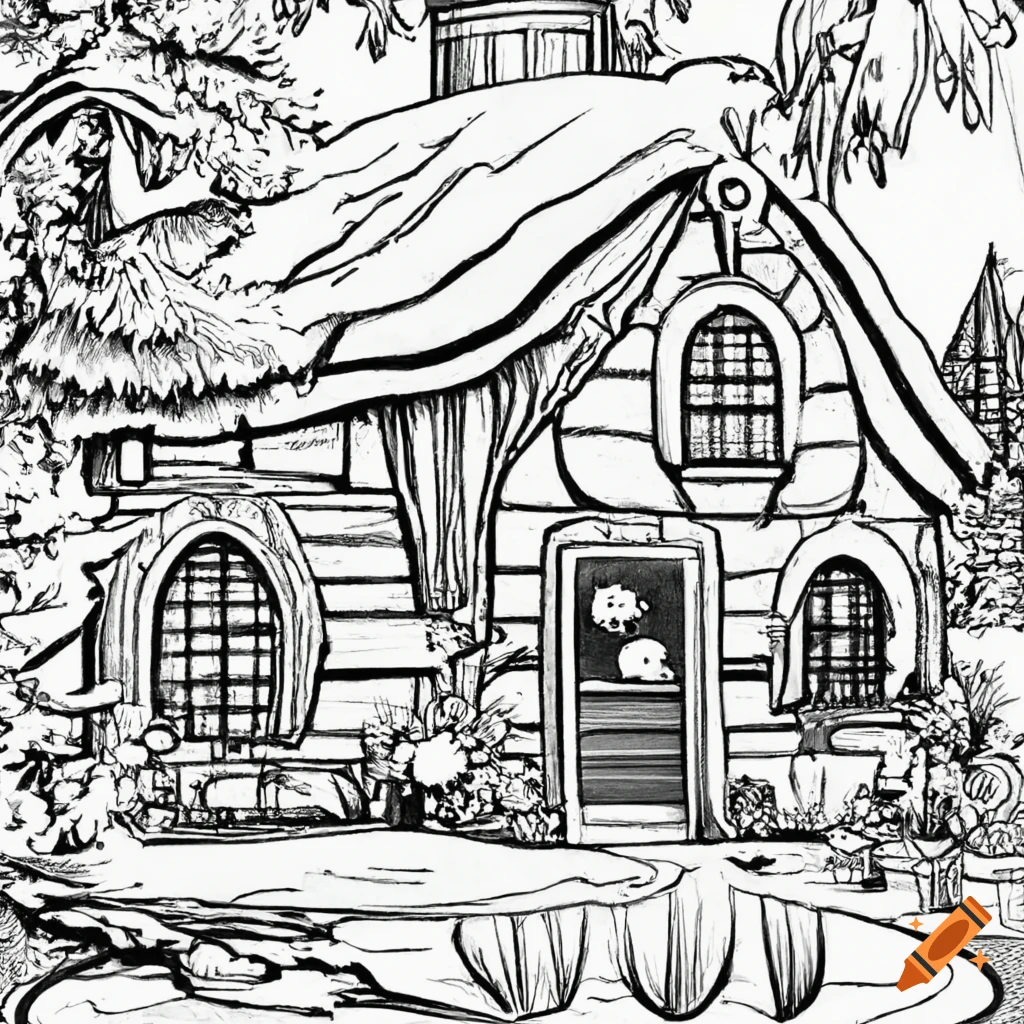 Coloring page of a cozy cottage on Craiyon