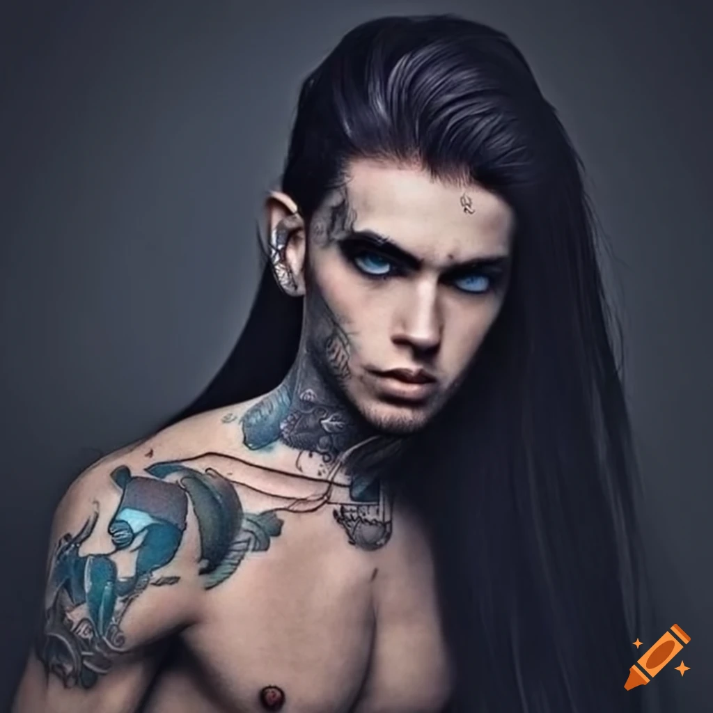 Portrait of a stylish man with tattoos and blue eyes on Craiyon