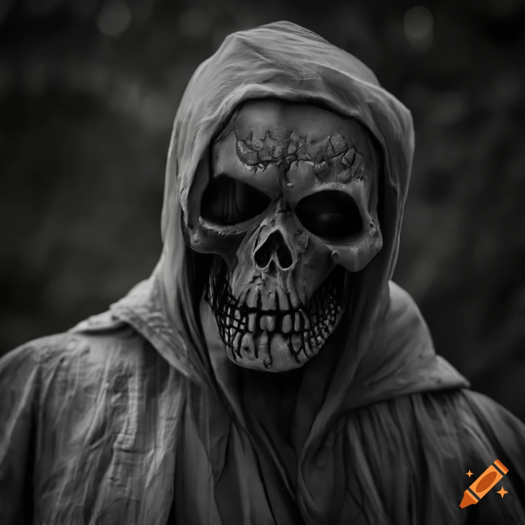black and white photo of a creepy scarecrow in the dark woods
