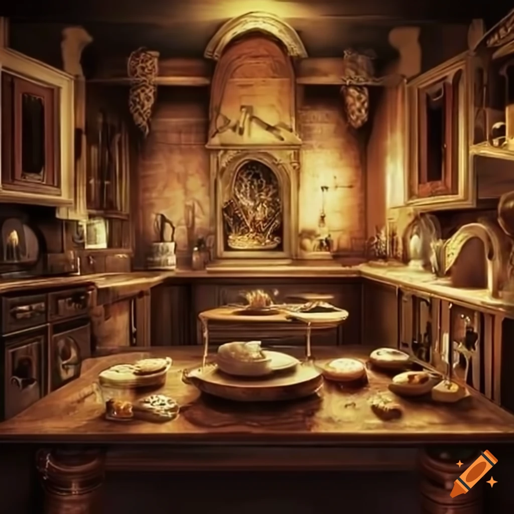 Wide angle shot of a magical kitchen in fantasy style on Craiyon