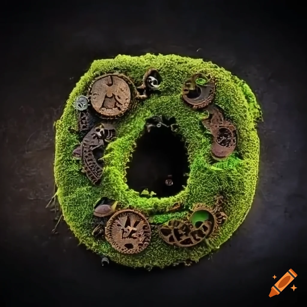 steampunk stone letters covered in moss