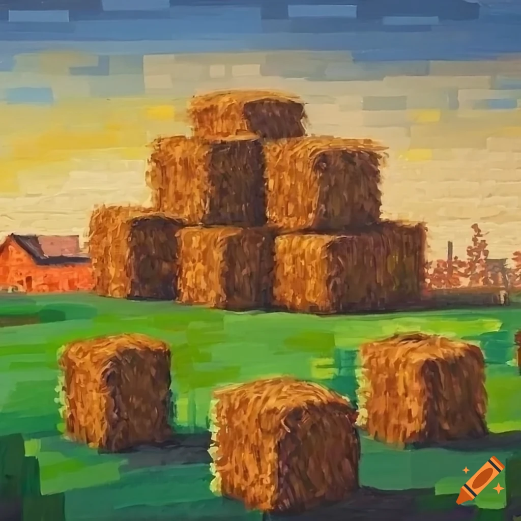Acrylic painting of minecraft farm with hay bales on Craiyon