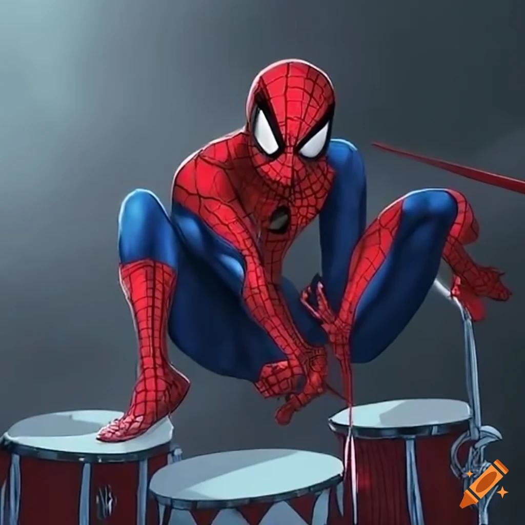 Spider-Man playing drums with energy