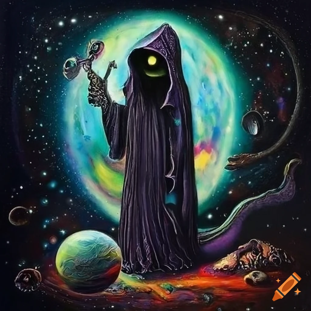 cosmic horror oil painting of a giant Grim Reaper in space