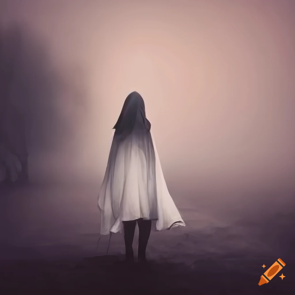 mysterious woman in white cloak on misty street
