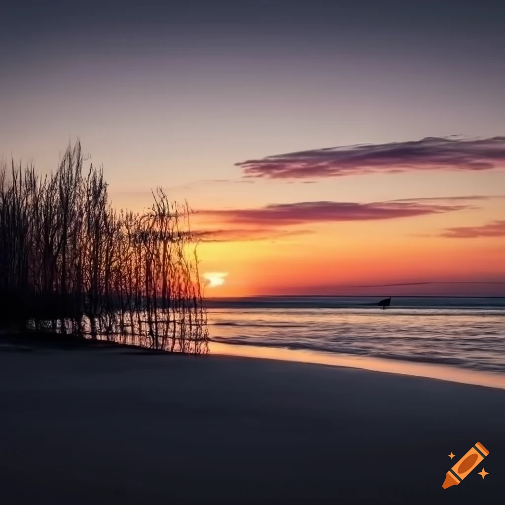 sunset on the beach with silhouettes of trees