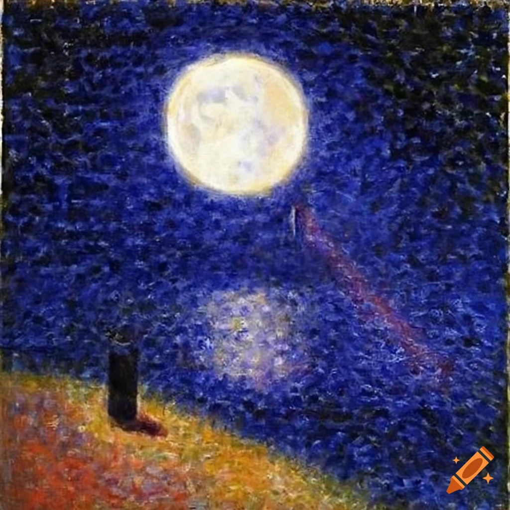 night sky painting with moon in pointillism style