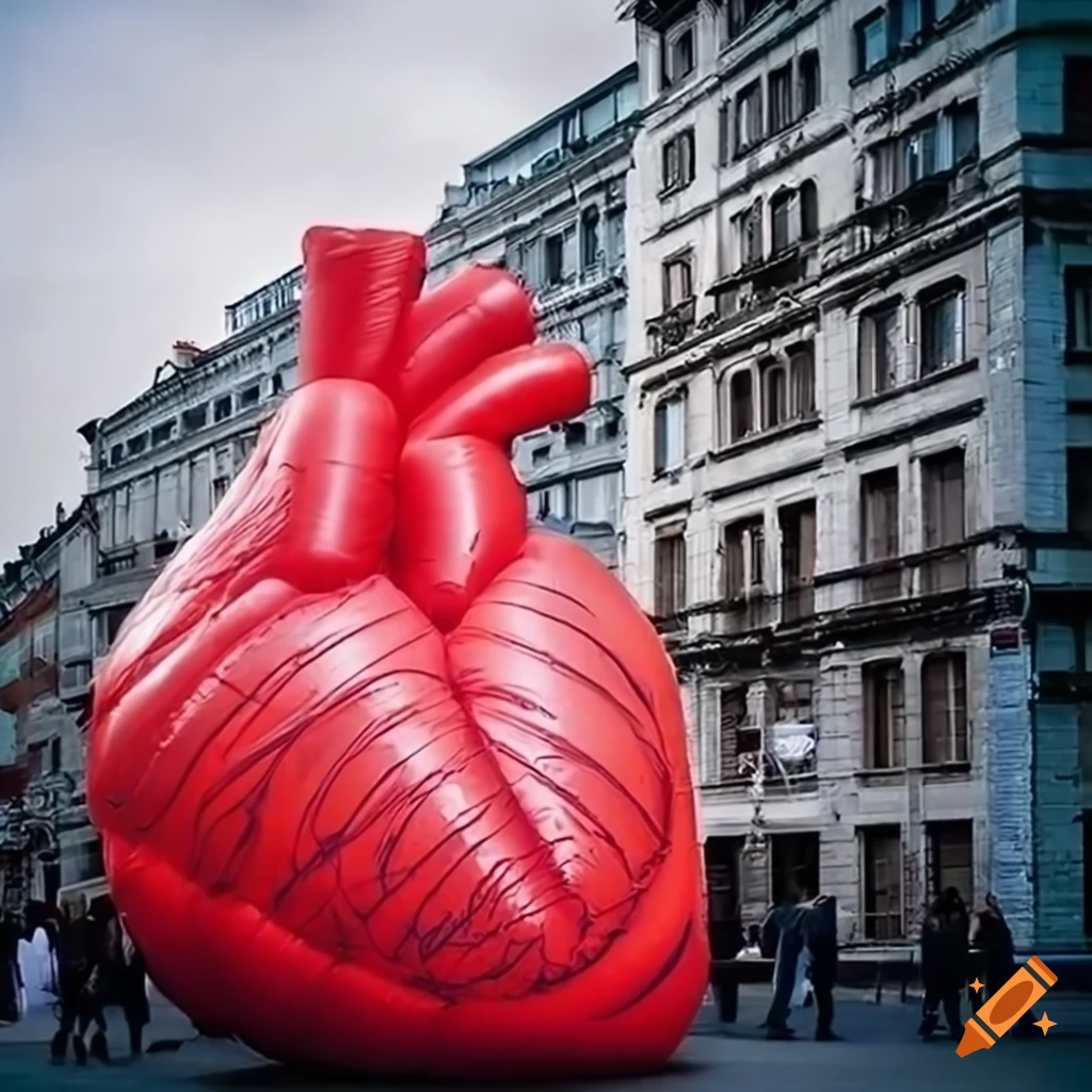urban art installation of a giant realistic heart