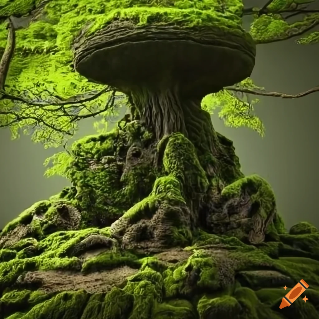 moss-covered tree in Escher style