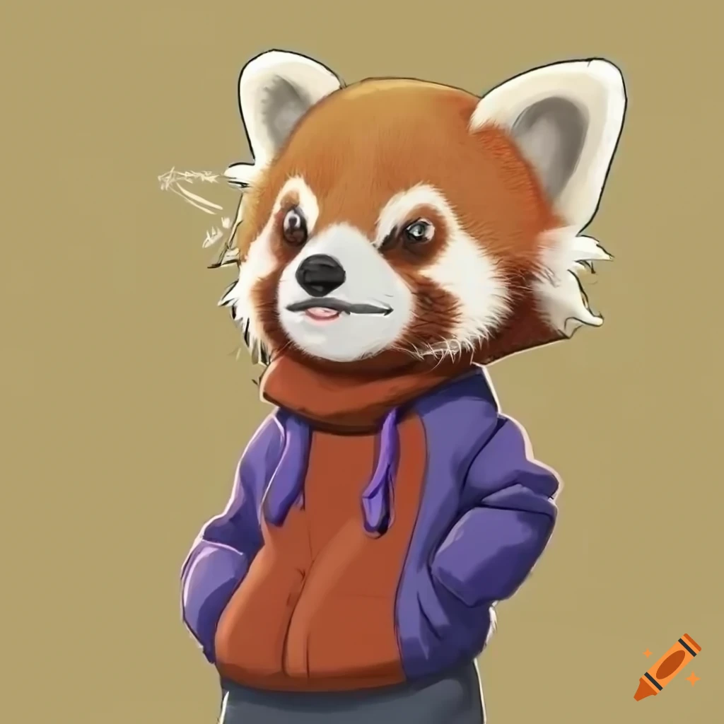cute red panda wearing baggy hoodie and purple scarf