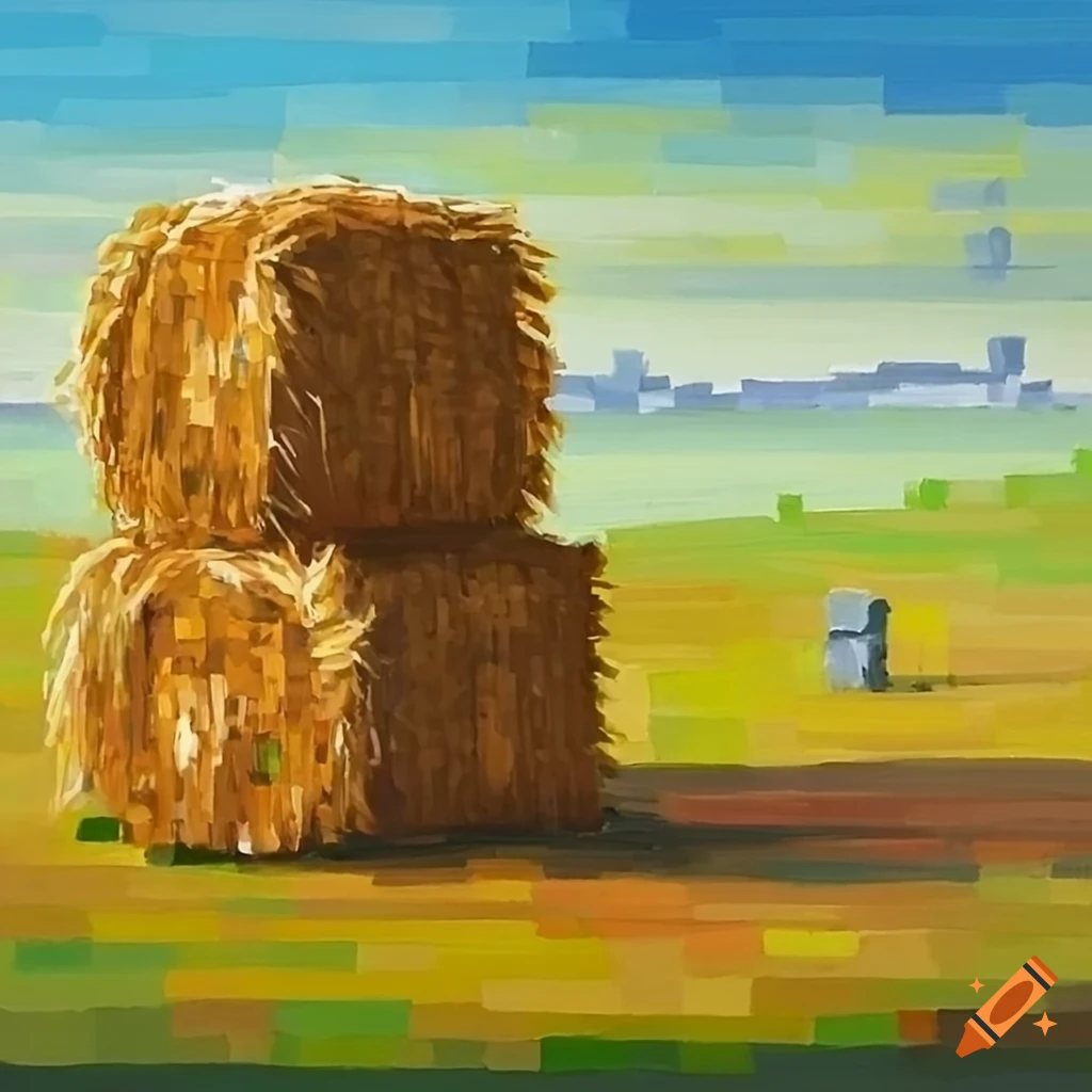 Acrylic painting of minecraft farm with hay bales on Craiyon