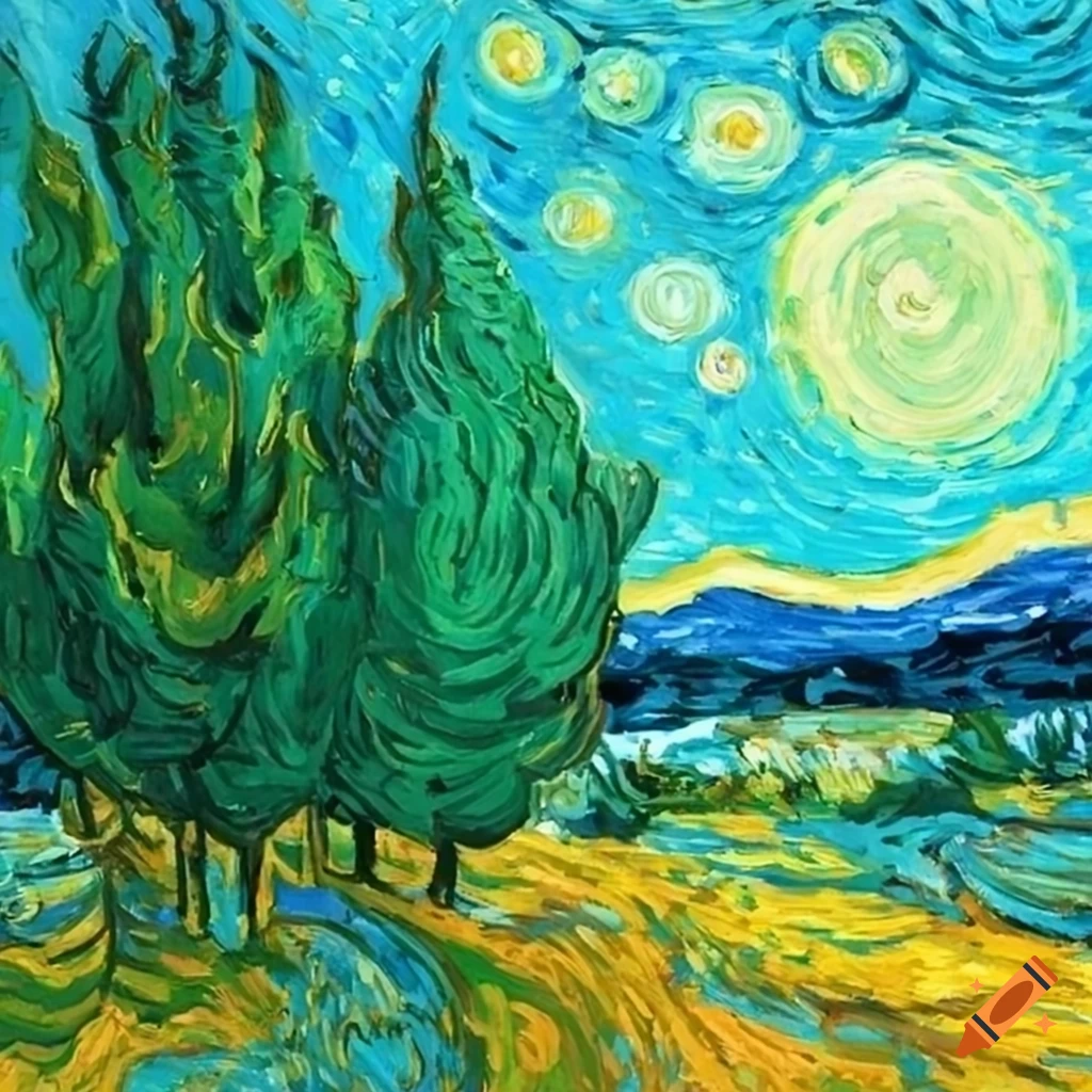 van Gogh style landscape painting with trees