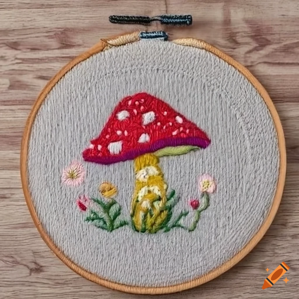 embroidery of mushrooms and flowers in a whimsical theme