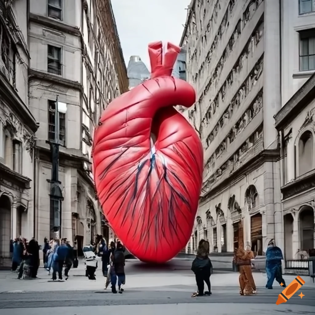 urban art installation of a giant realistic heart
