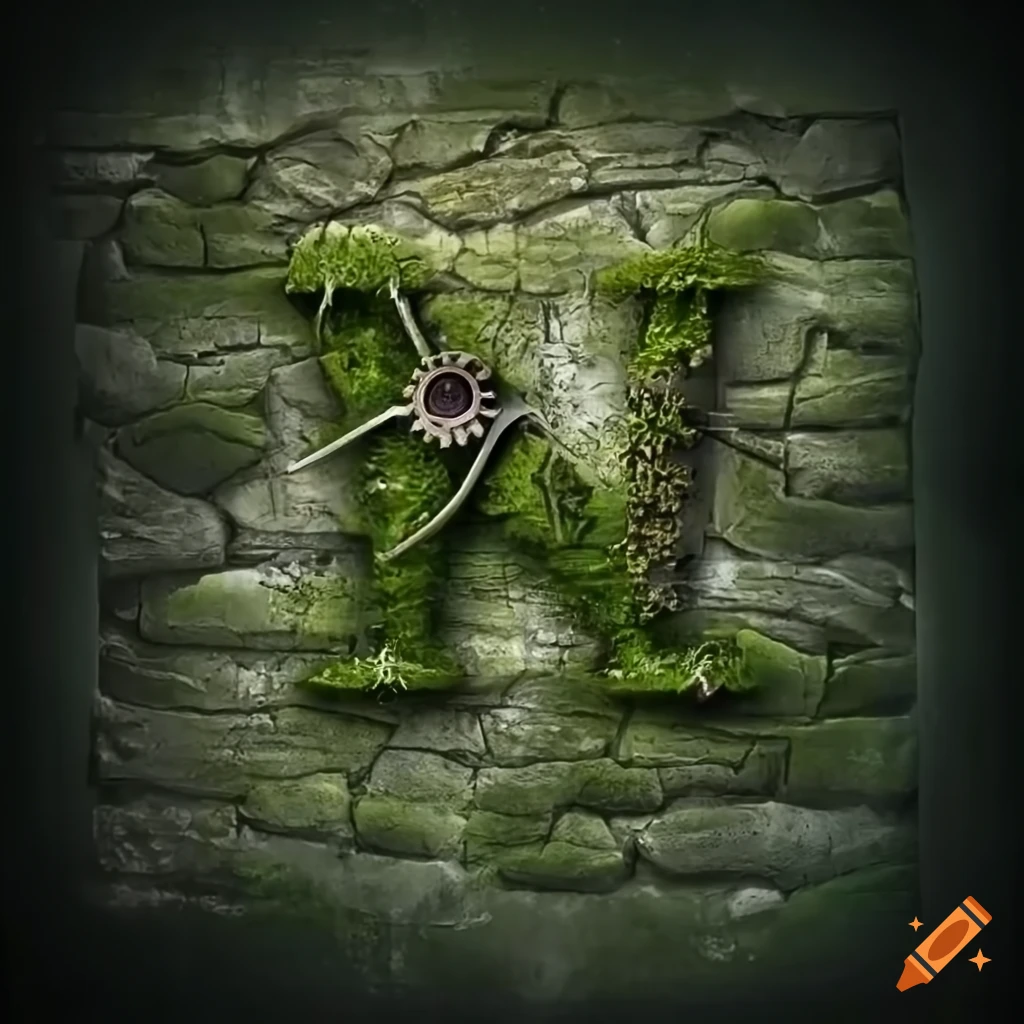 steampunk stone letter 'A' on moss-covered wall