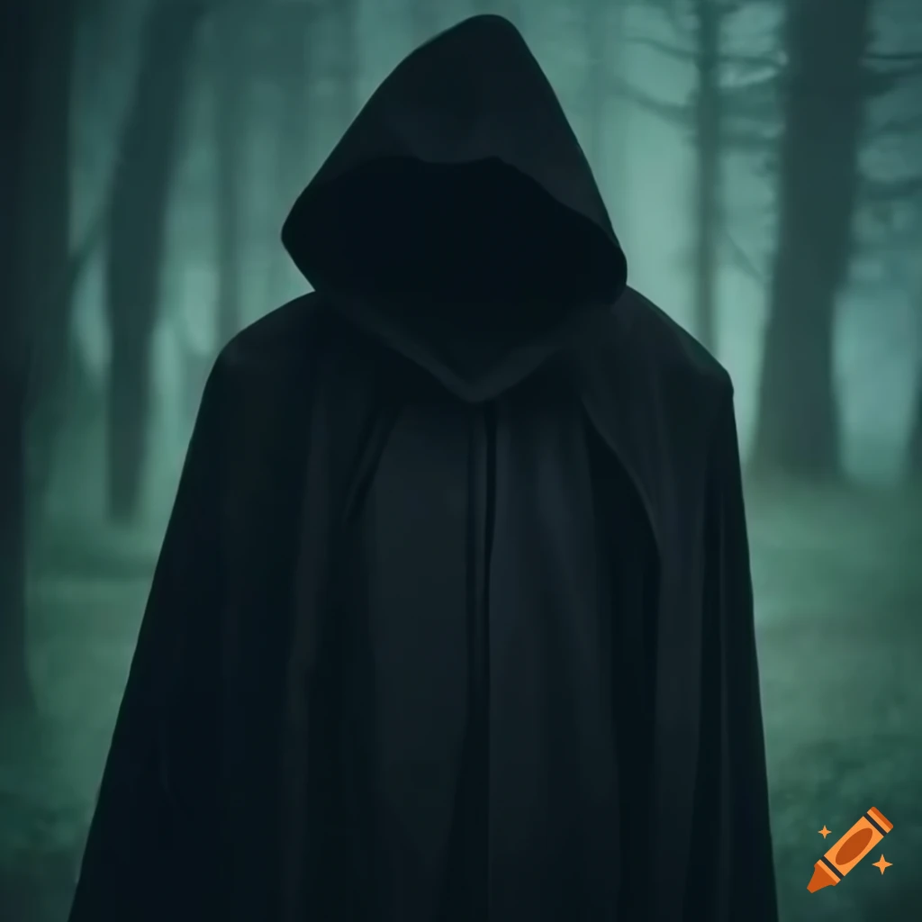 man in a black hooded cloak in a misty forest