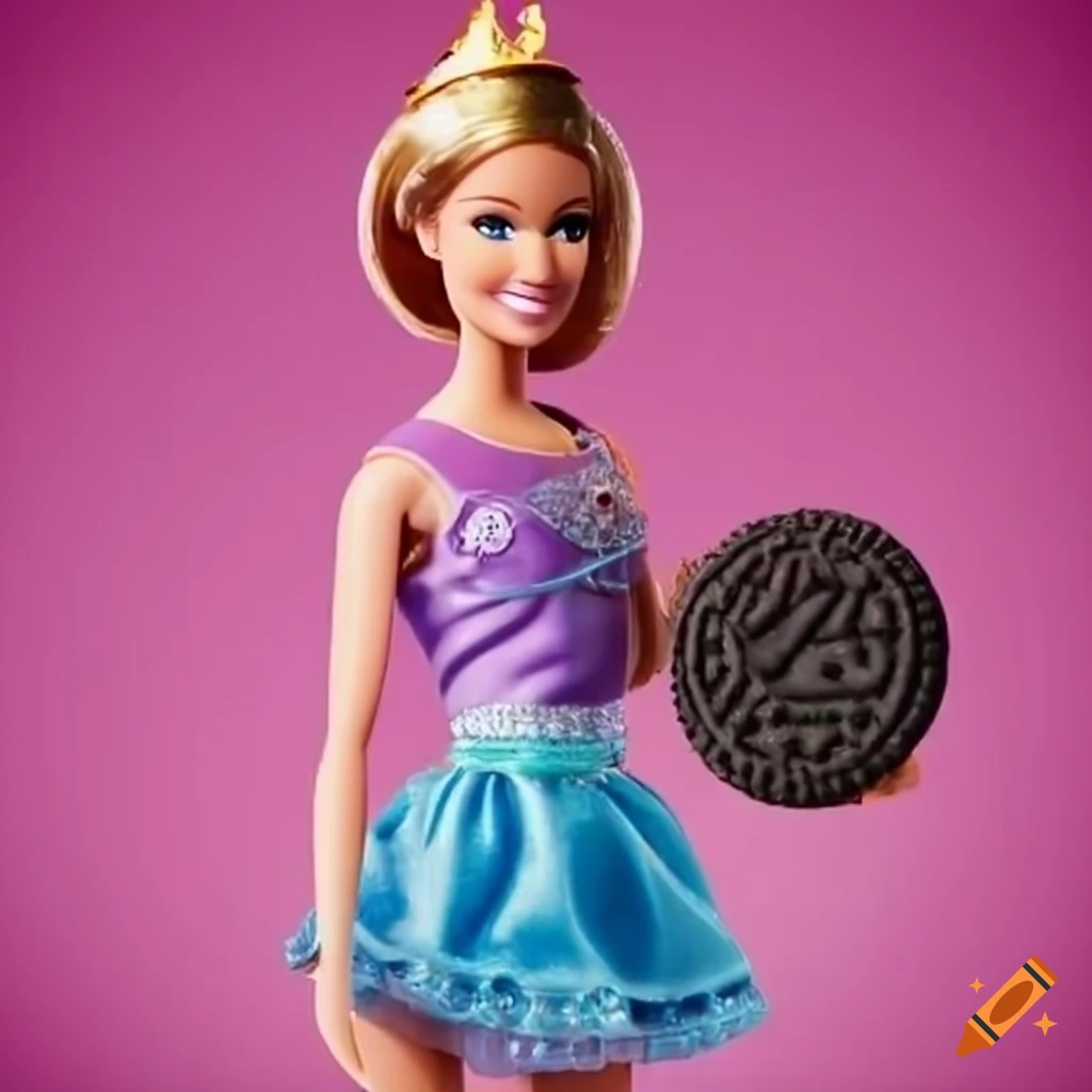 Barbie with a crown holding a plate of Oreos