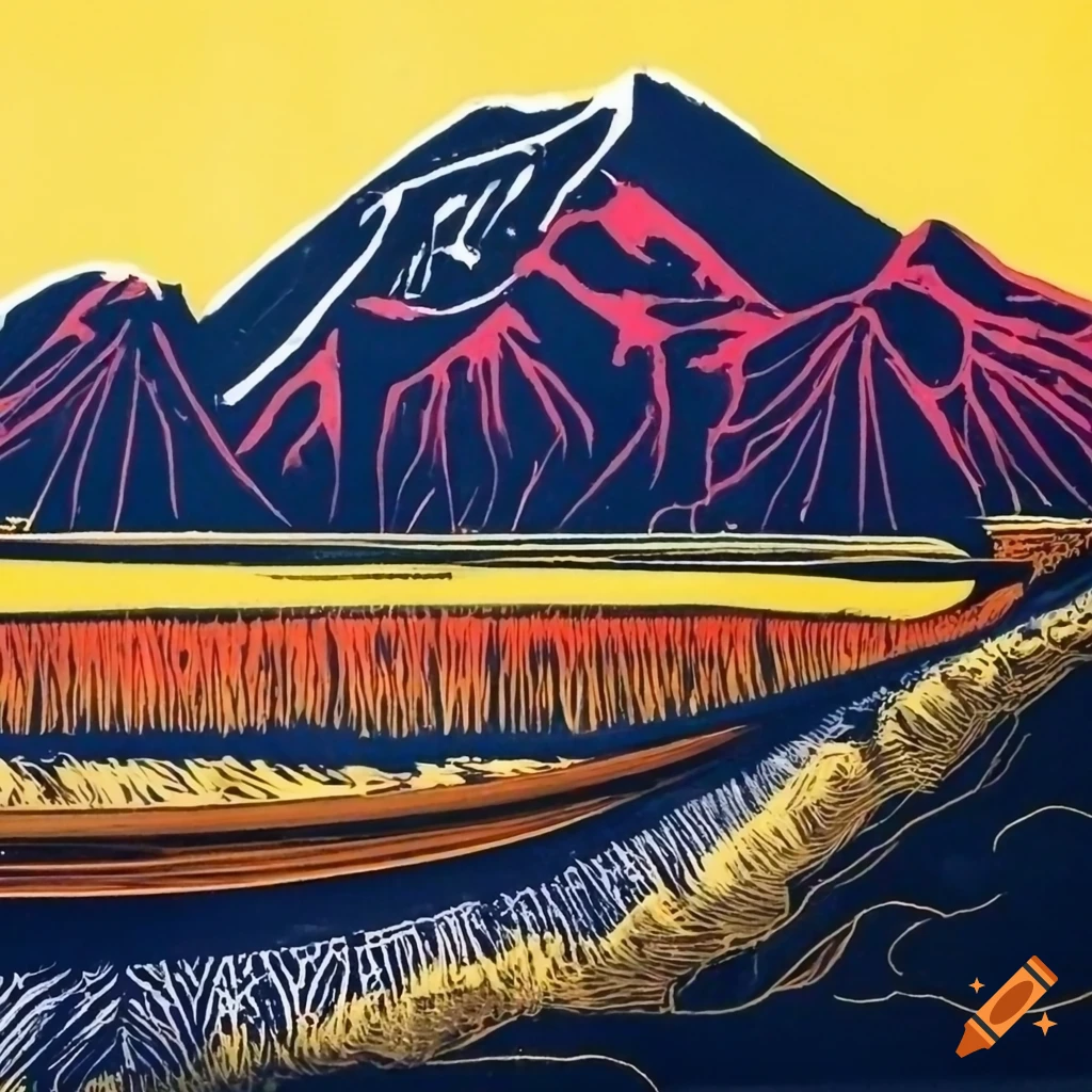lino print of a train passing through mountains