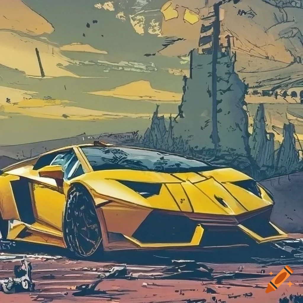 yellow Lamborghini car in a post-apocalyptic comic