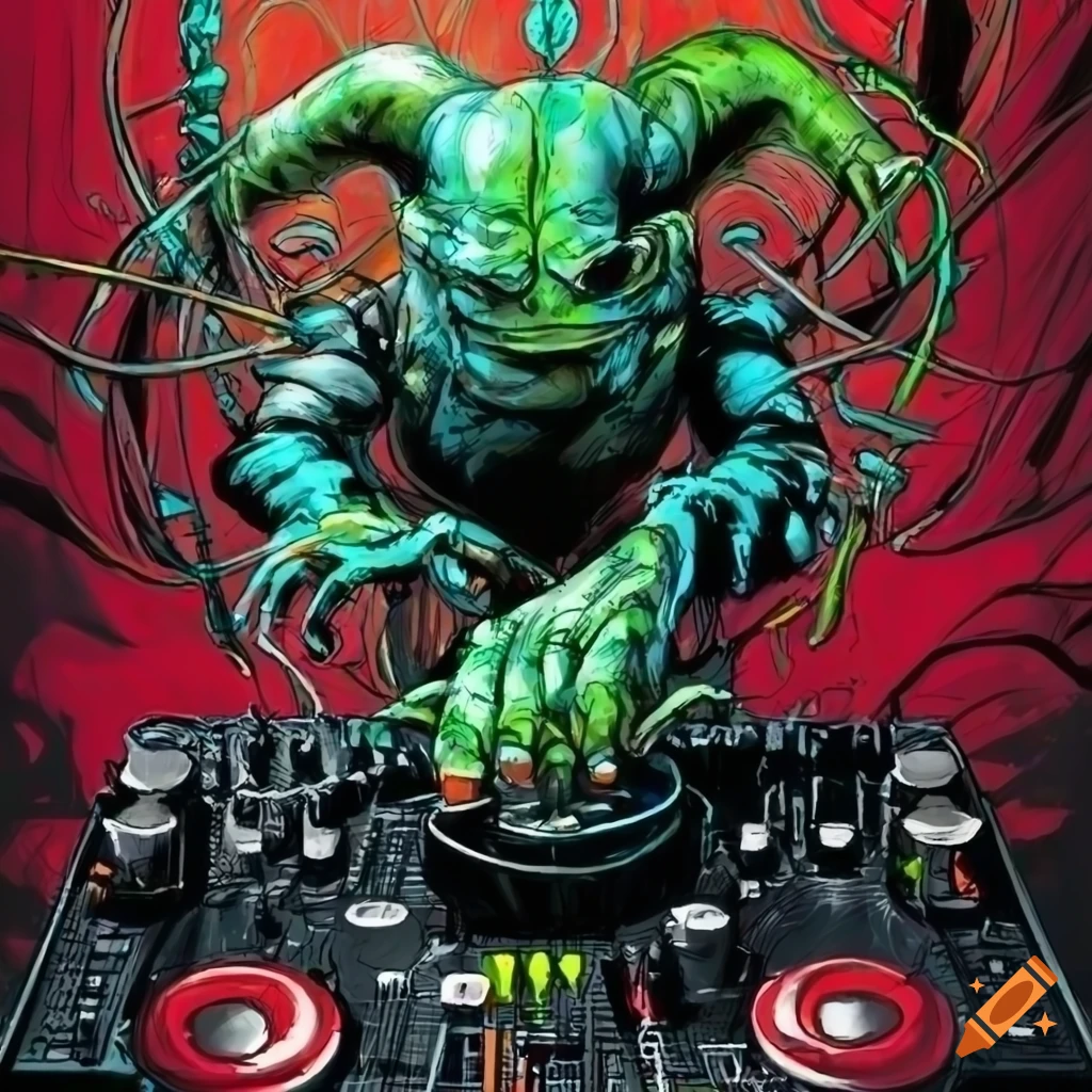 lizard DJ in Simon Bisley art style