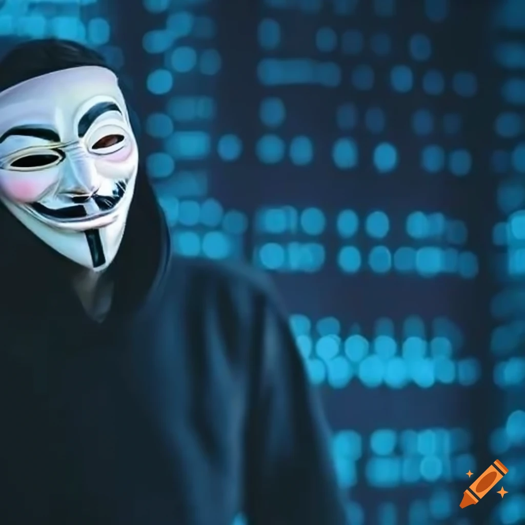 Anonymous mask with Bitcoin and binary code background on Craiyon