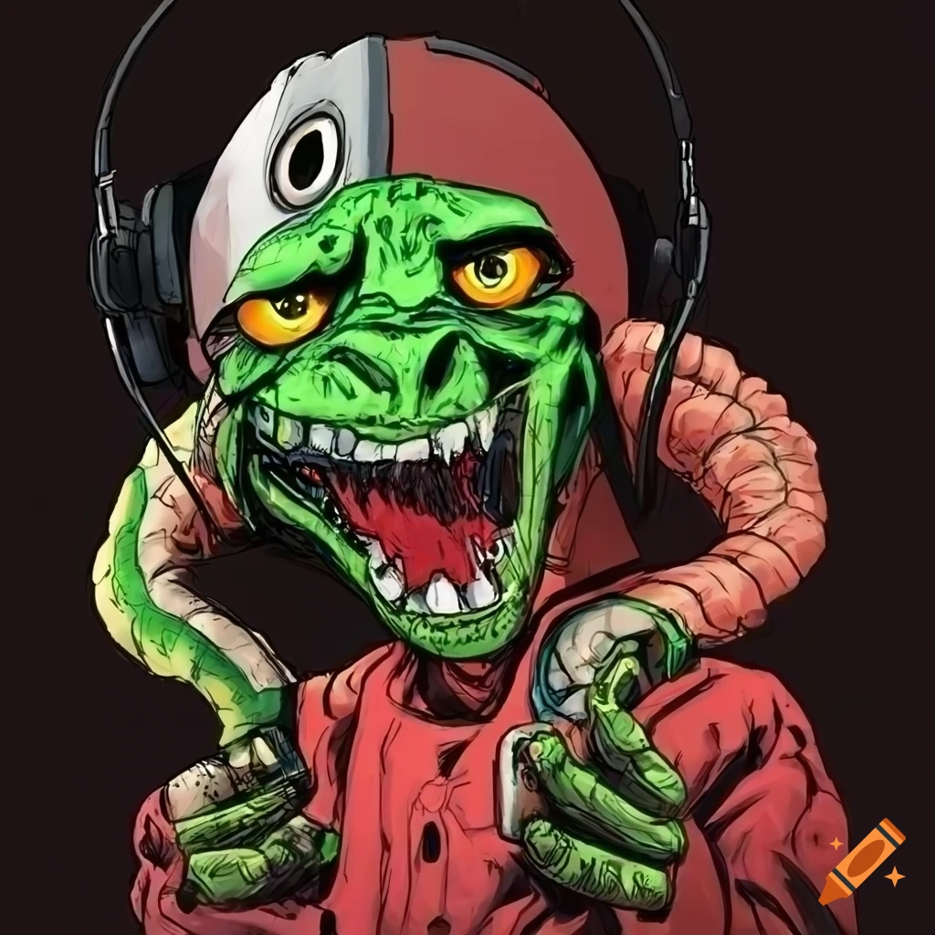 crazy lizard DJ in Simon Bisley style