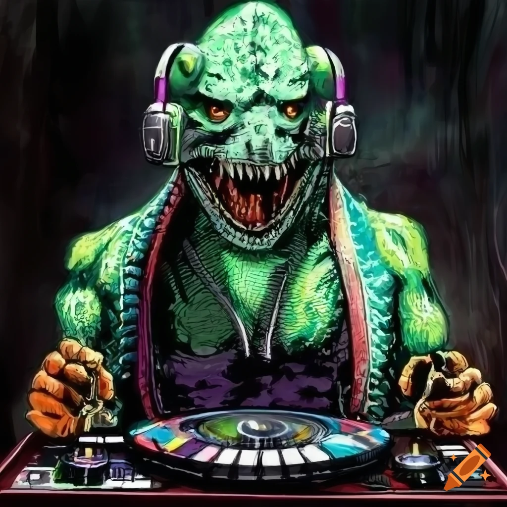 lizard DJ in Simon Bisley art style