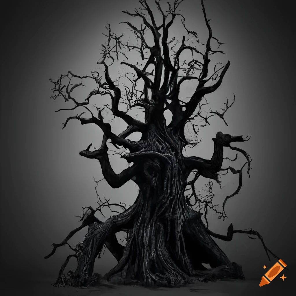 spooky black and white image of a tree
