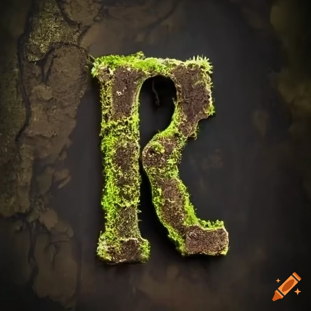 steampunk style letter F on moss-covered stone