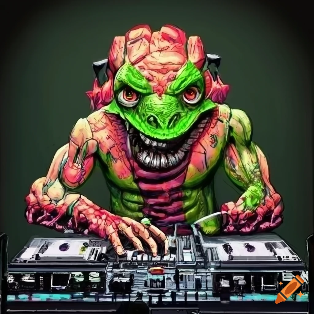 cool lizard DJ in Simon Bisley style