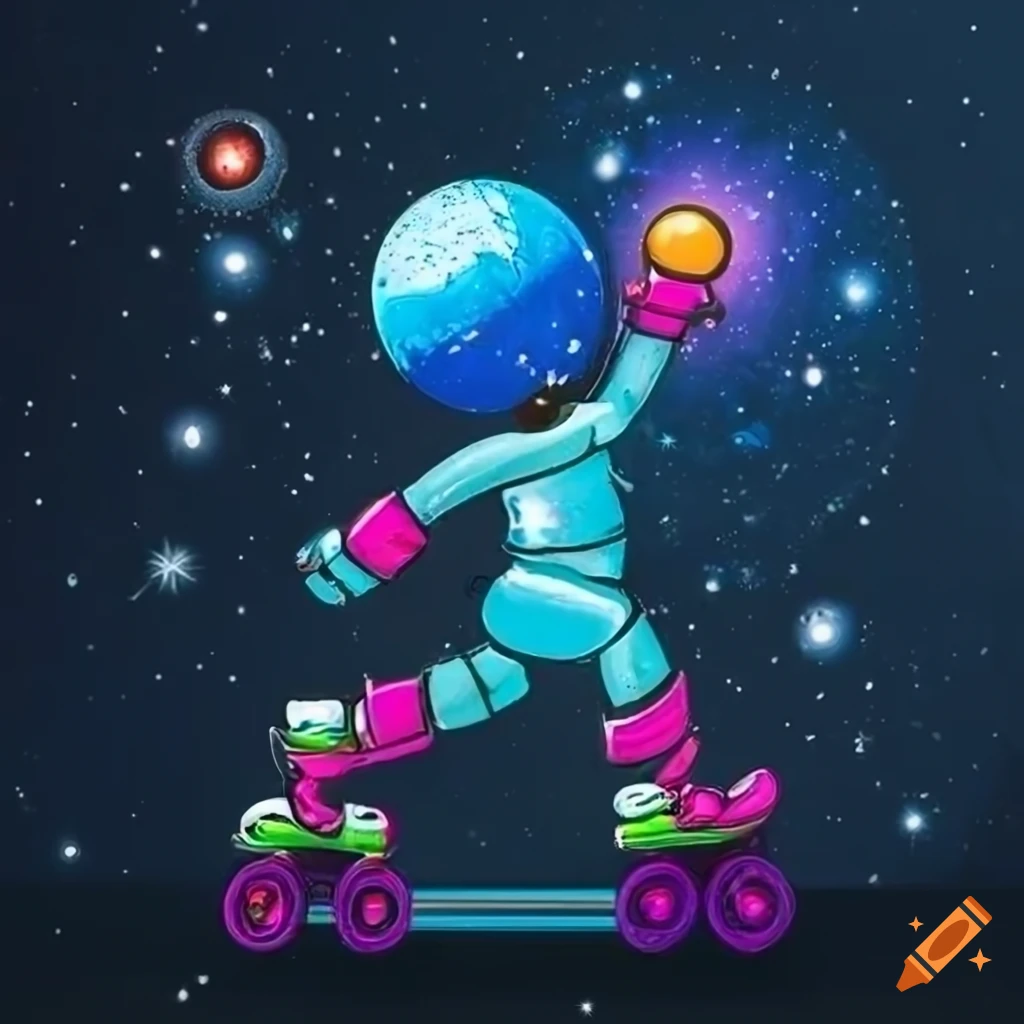 roller skater in outer space with vibrant colors