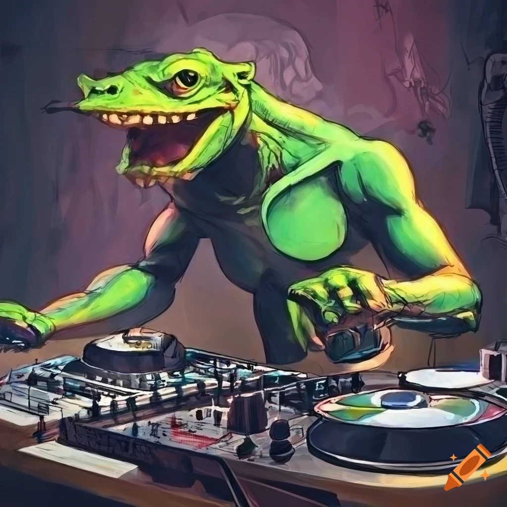 lizard DJ with headphones in Simon Bisley style