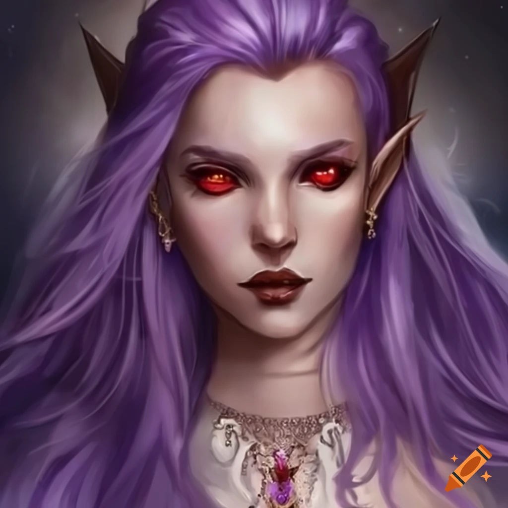 Picture of a beautiful high elf sorceress with lavender hair and crimson eyes on Craiyon
